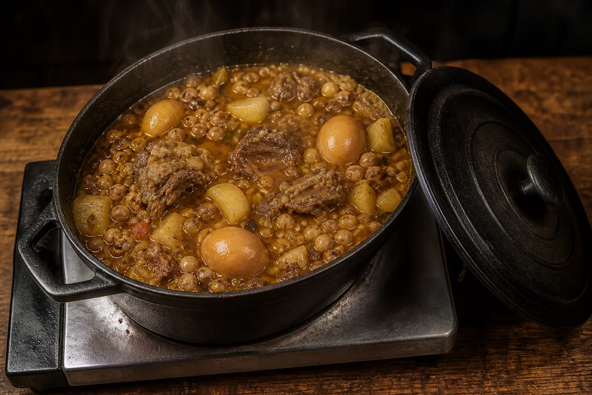 Marmite en fonte de plat mijoté de Chabbat ouverte, pois chiches viande et œufs bruns dans un bouillon ambré