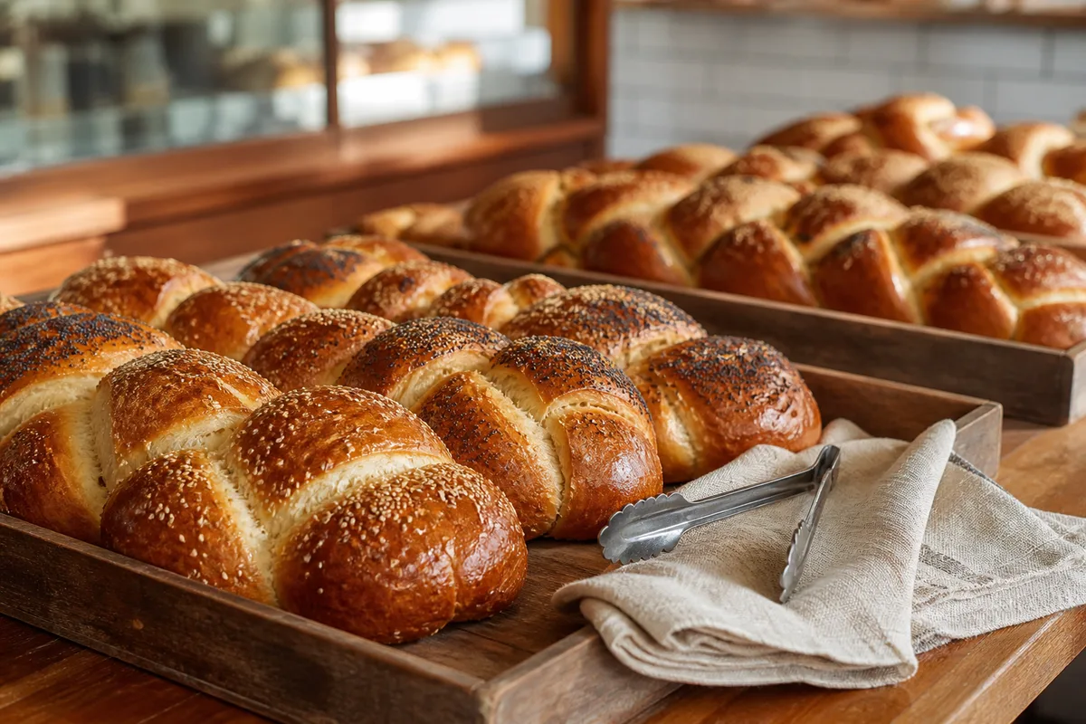 Étal de boulangerie cacher avec pains tressés dorés alignés sur des plateaux en bois