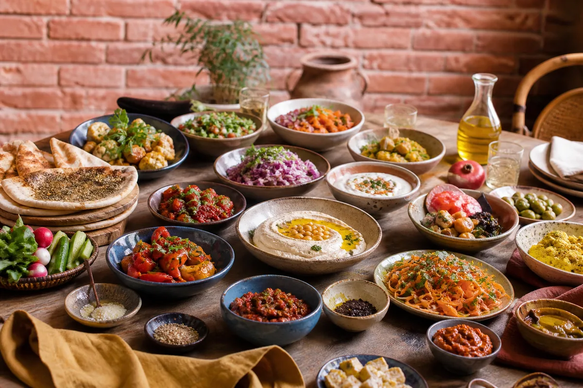 Table dressée de mezze israéliens, houmous, salades et pains plats posés dans des coupelles