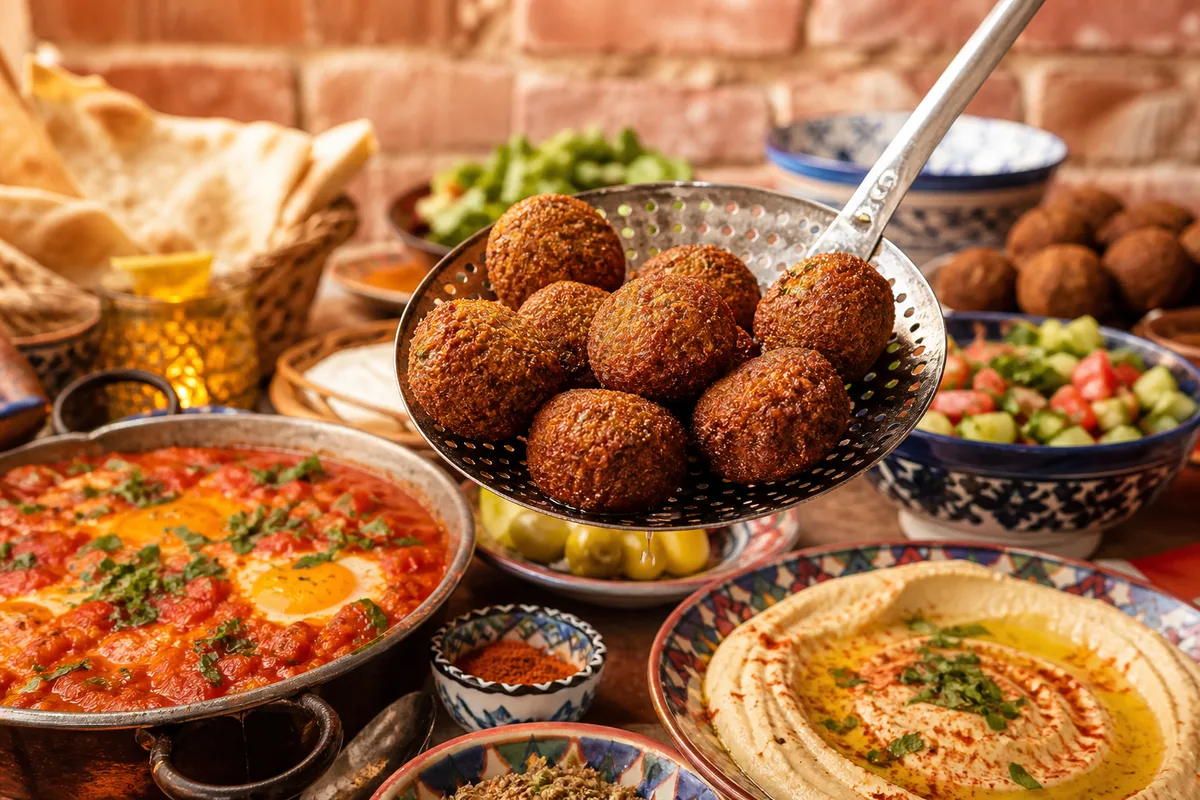 Boulettes de falafel dorées sortant de la friture dans une écumoire