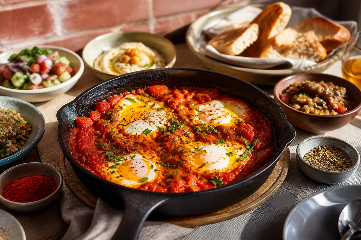 Shakshuka aux œufs pochés dans une sauce tomate épicée servie dans une poêle en fonte