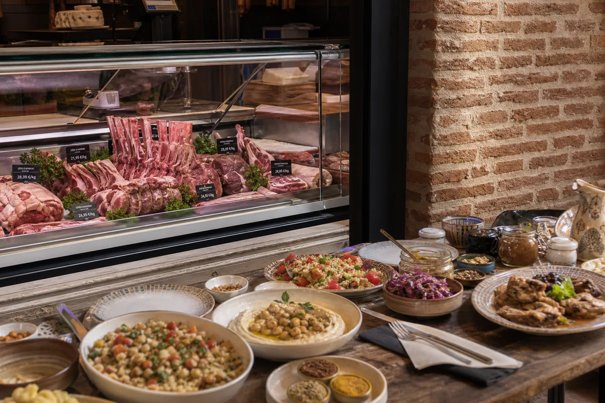 Étal de boucherie spécialisée avec pièces de viande préparées et affichage des prix