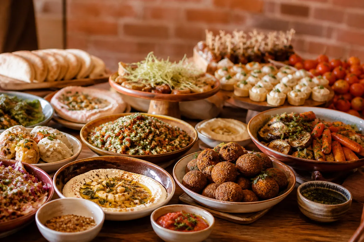 Buffet de cocktail de mariage avec pièces salées, mezze et présentation soignée