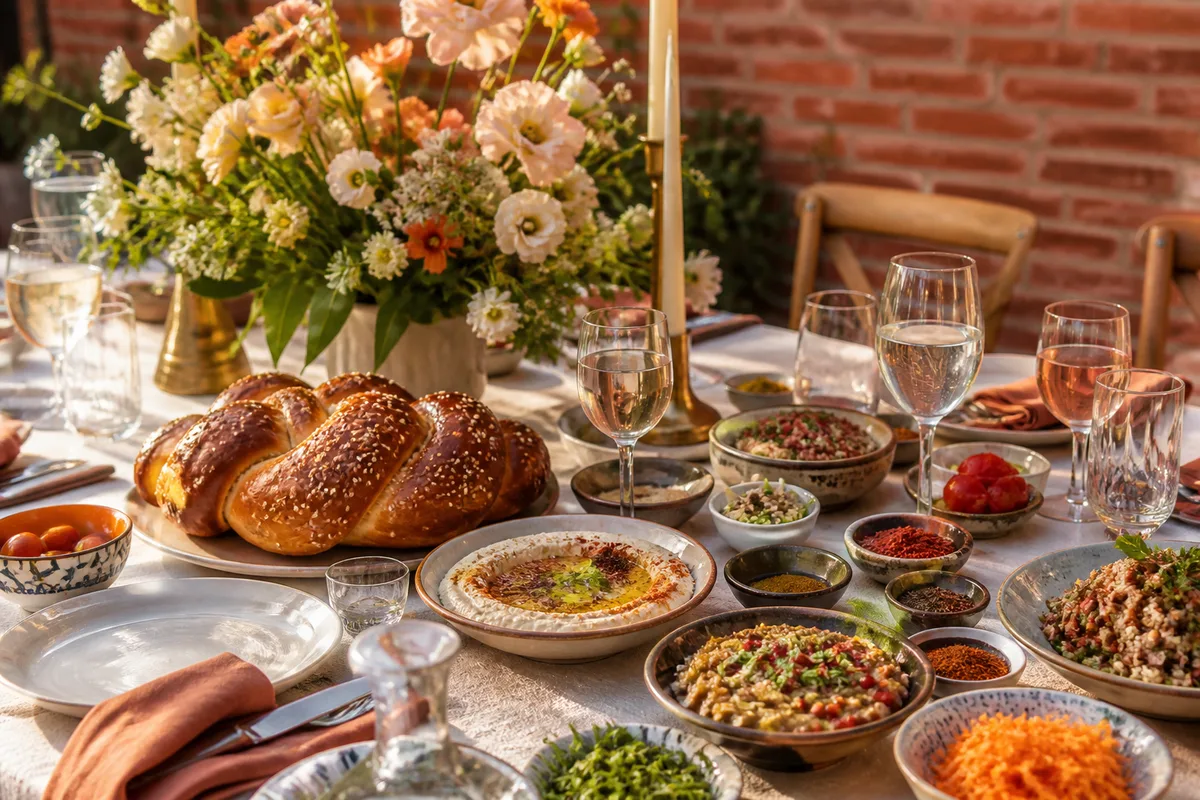 Table de mariage dressée avec verres, pain tressé et décoration florale