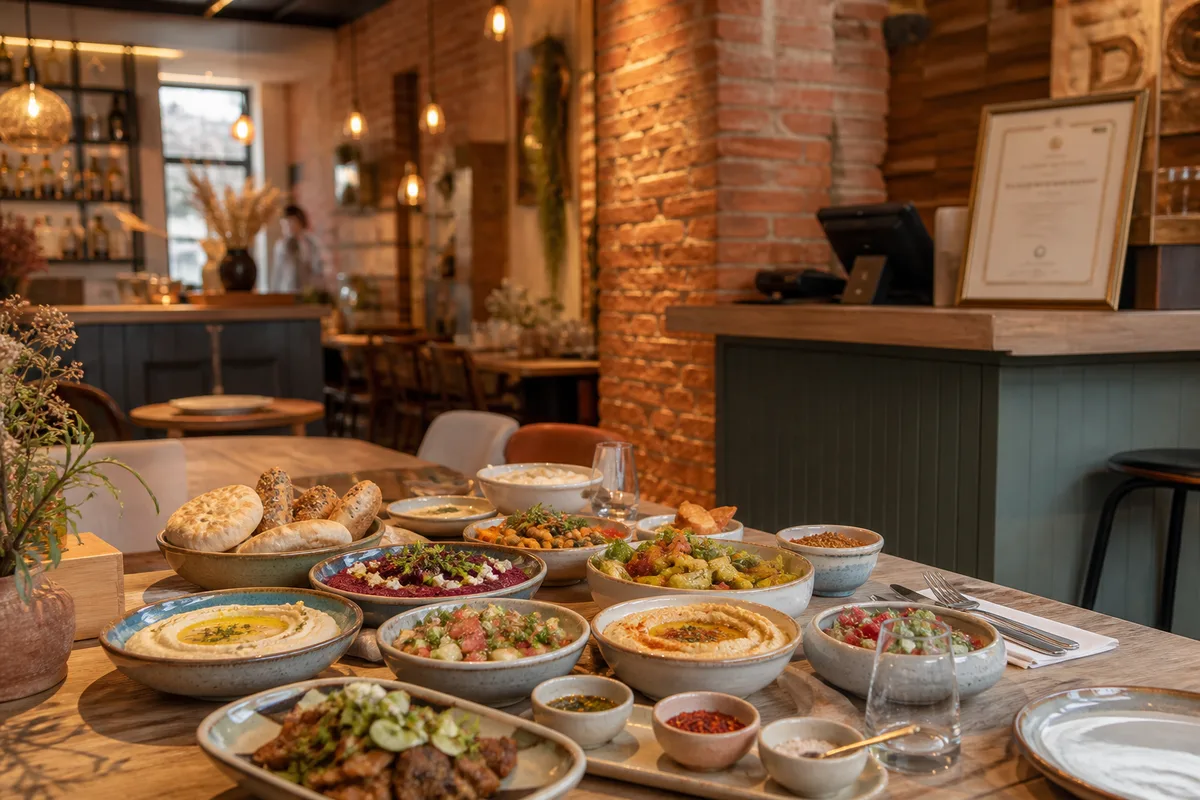 Salle de restaurant cacher à Toulouse avec certificat de cacherout affiché près de la caisse