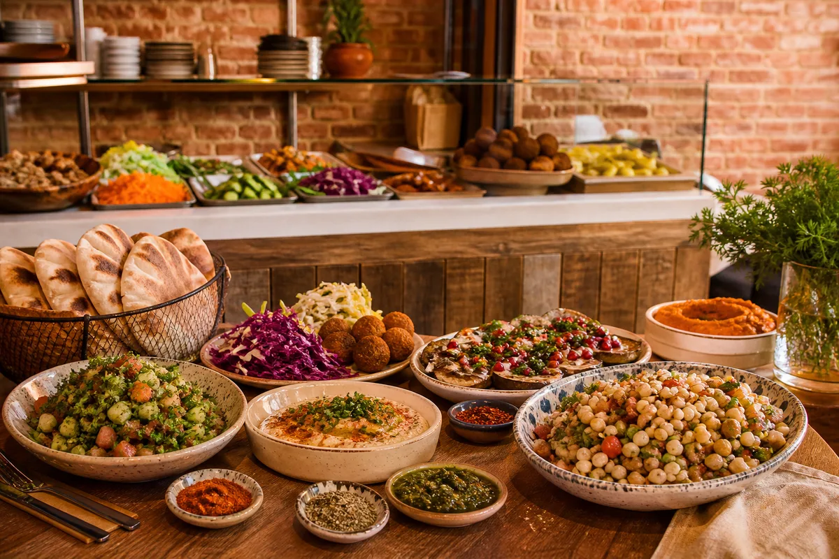 Comptoir de restauration rapide israélienne avec pitas, falafels et salades préparées