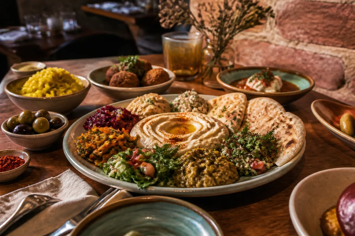Assiette de mezze avec houmous, salades marocaines et pain plat sur une table de bistrot
