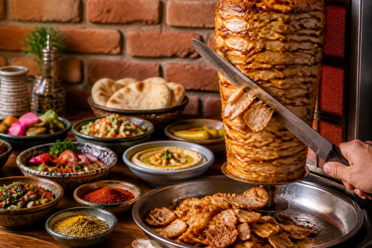 Broche verticale de shawarma dorée, tranchée au couteau au-dessus d’un plateau de service