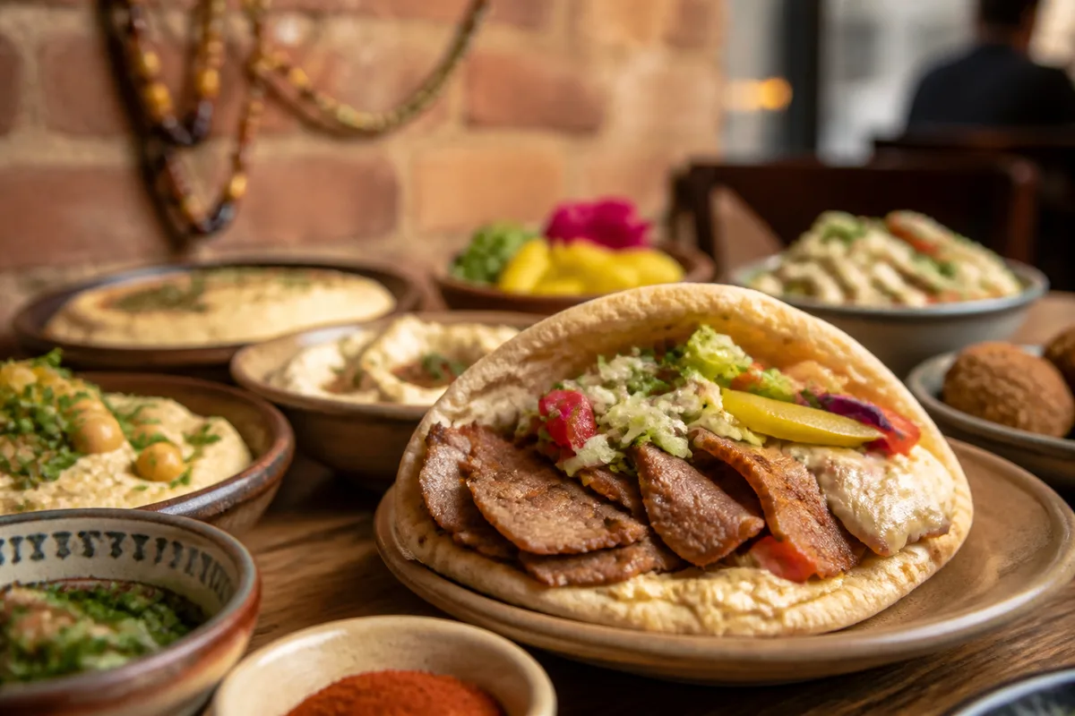 Pita ouverte garnie de viande tranchée, houmous, salade et pickles sur un comptoir