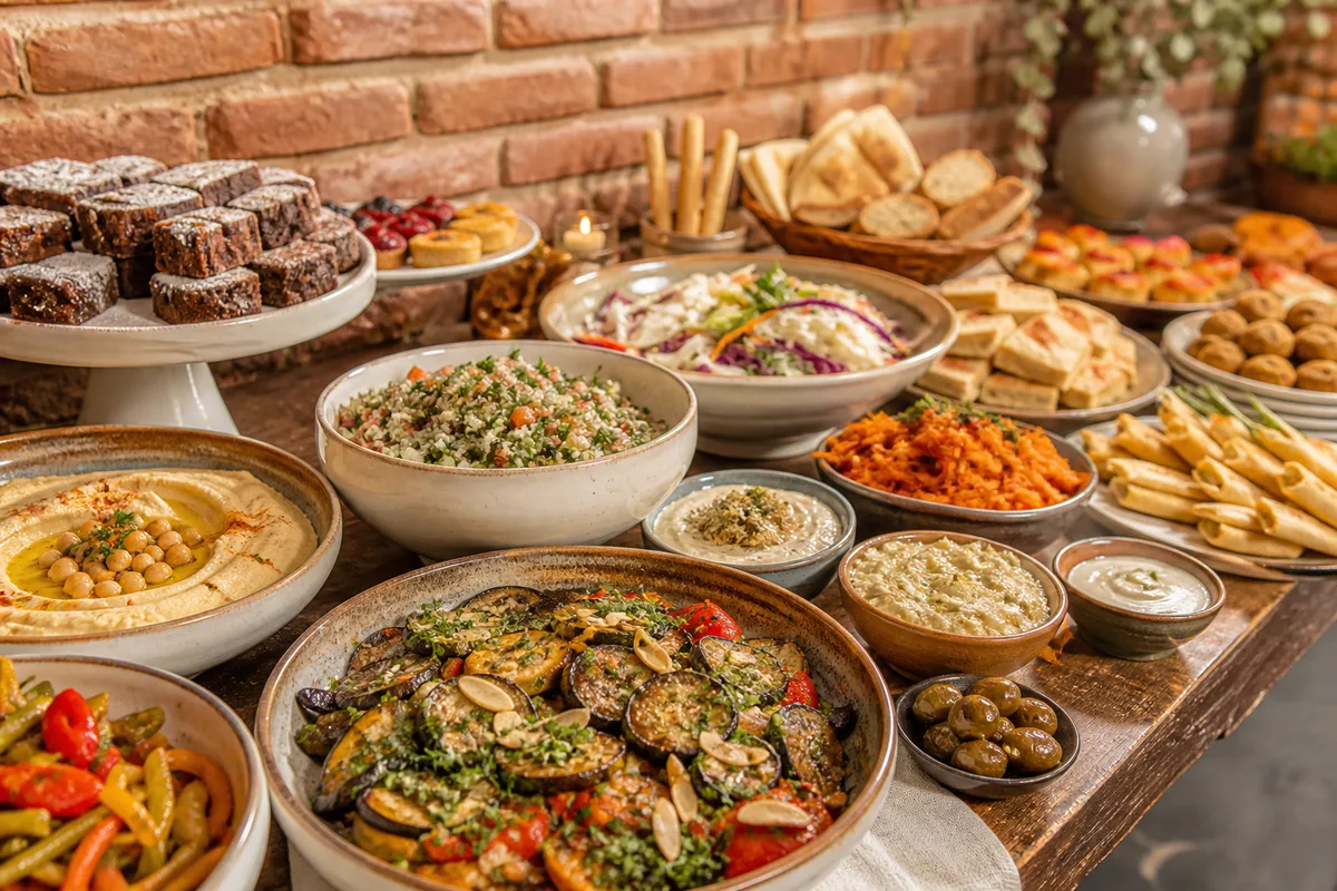 Buffet de réception dressé avec plateaux de mezze, pièces salées et desserts parvé